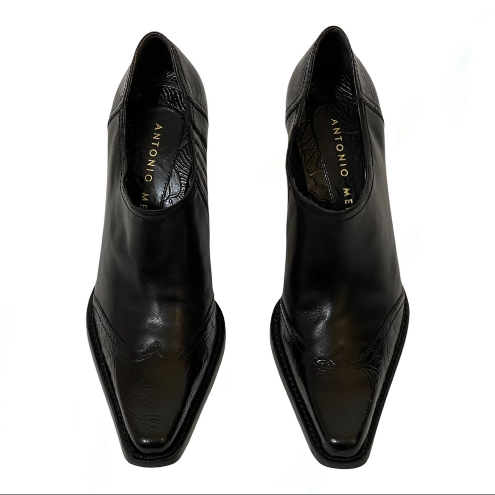 Y2K Antonio Melani Black 3” Grady-Block Heeled Cowboy Booties, Tooled Detail